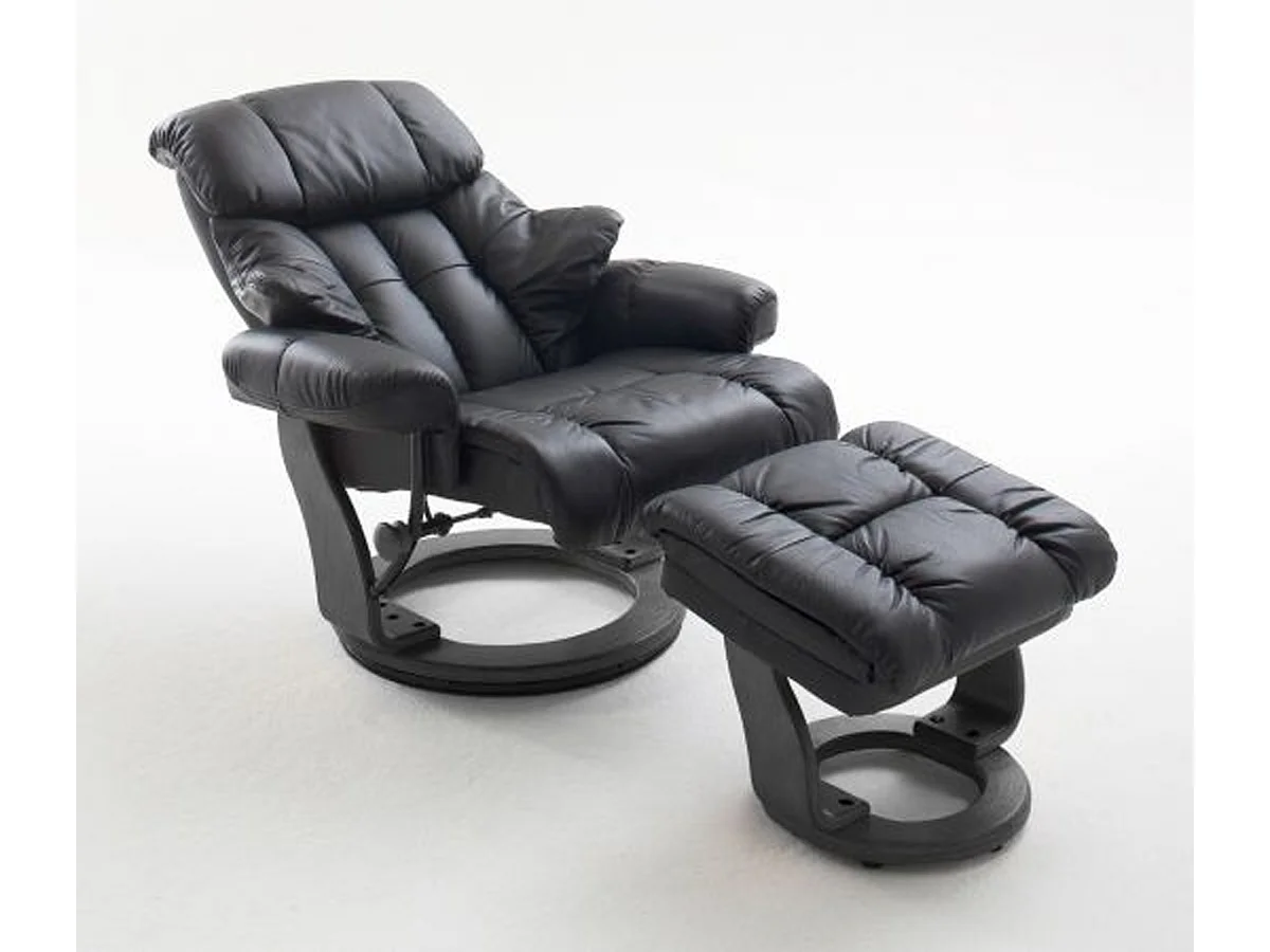 Fauteuil relax en cuir noir avec tabouret - 90 x 104 x 91 cm