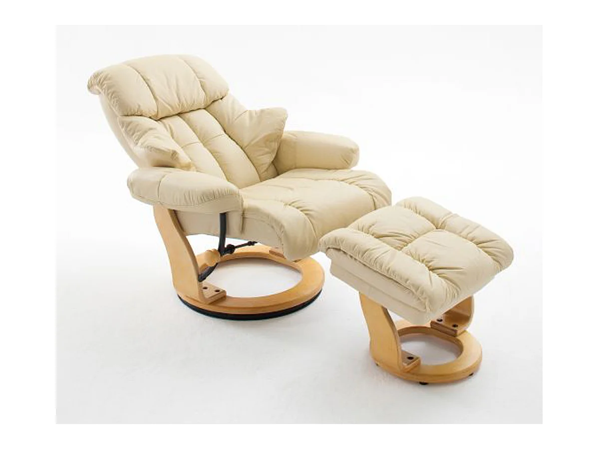 Fauteuil relax en cuir crème et naturel avec tabouret - 90 x 104 x 91 cm