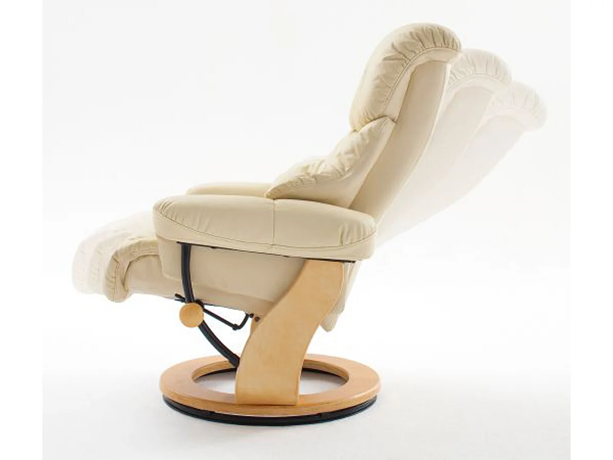 Fauteuil relax en cuir crème et naturel avec tabouret - 90 x 104 x 91 cm