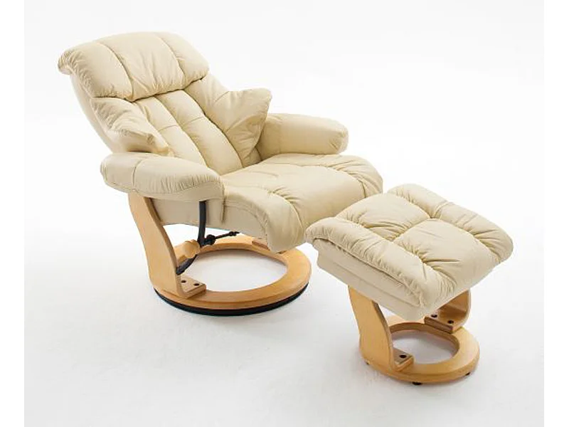 Fauteuil relax en cuir crème et naturel avec tabouret - 90 x 104 x 91 cm