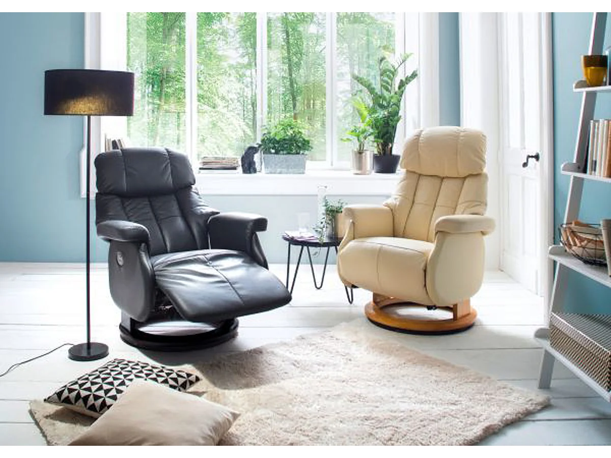 Fauteuil relax en cuir coloris crème et naturel - 82 x 111 x 86 cm