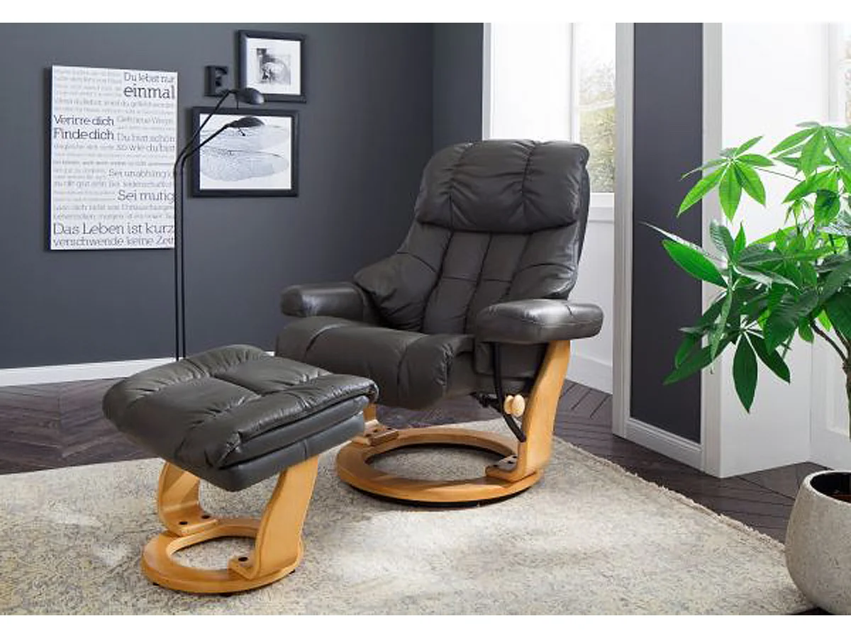 Fauteuil relax en cuir coloris noir / naturel - 97 x 110 x 92 cm