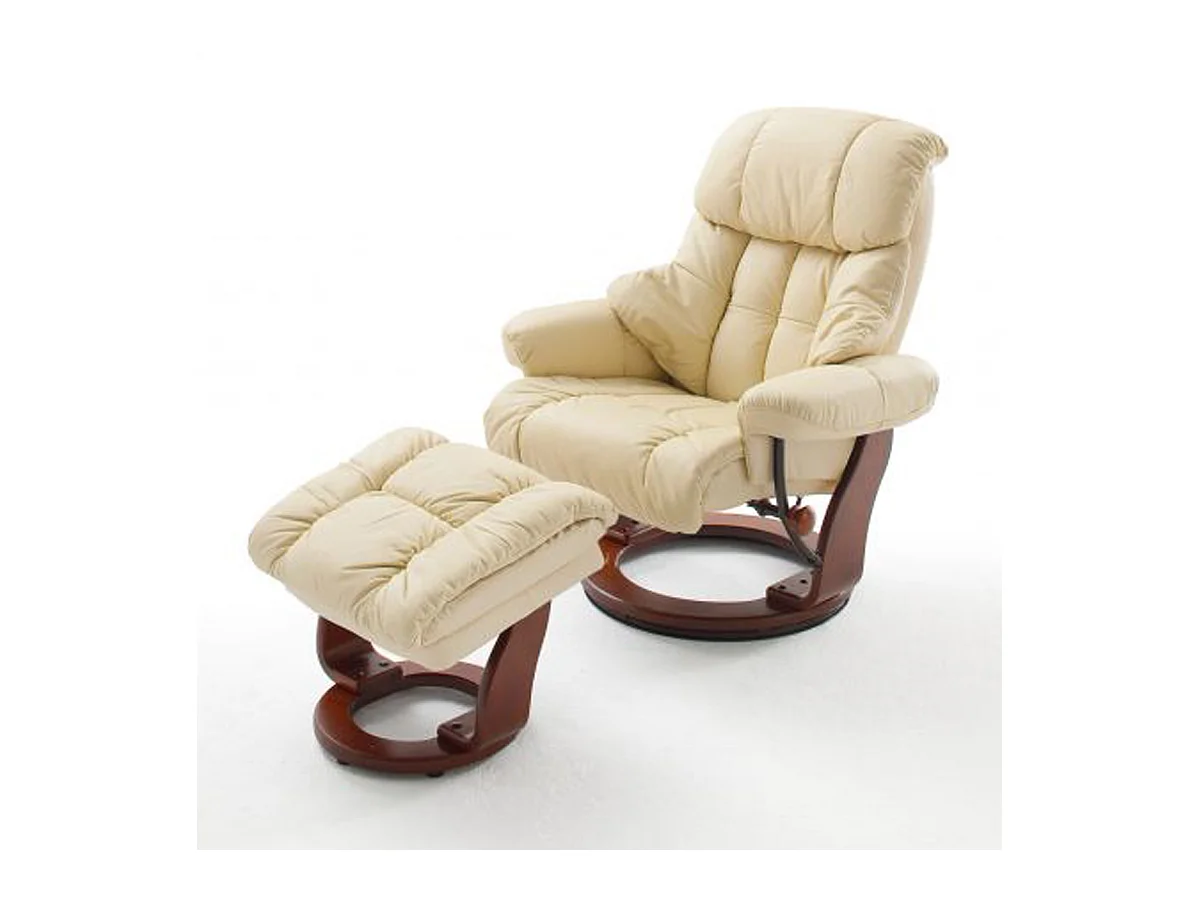 Fauteuil relax en Cuir et PU crème et noyer avec tabouret - 90 x 104 x 91 cm