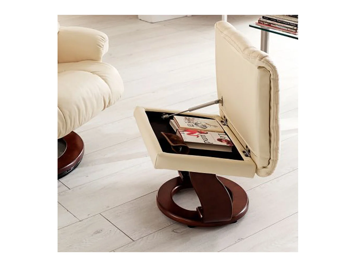 Fauteuil relax en Cuir et PU crème et noyer avec tabouret - 90 x 104 x 91 cm