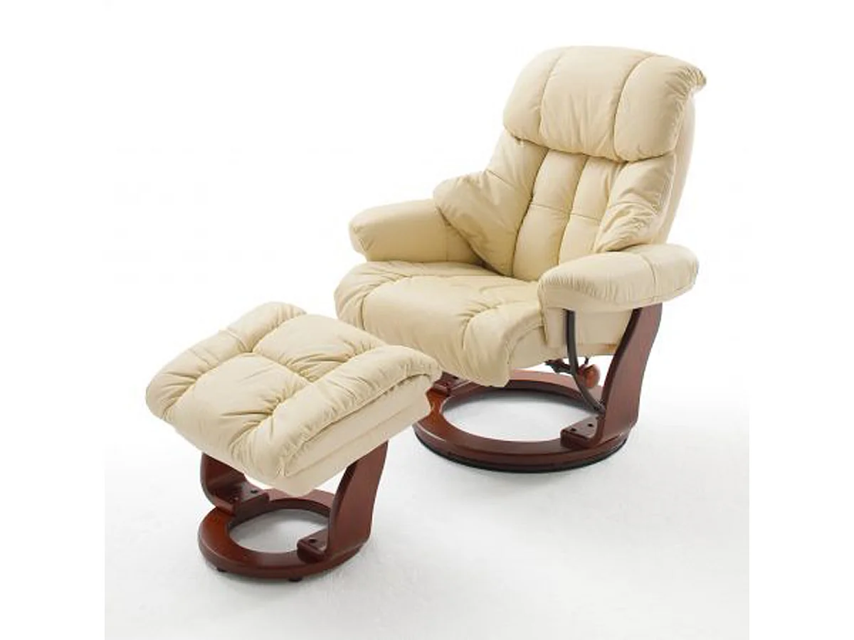 Fauteuil relax en Cuir et PU crème et noyer avec tabouret - 90 x 104 x 91 cm