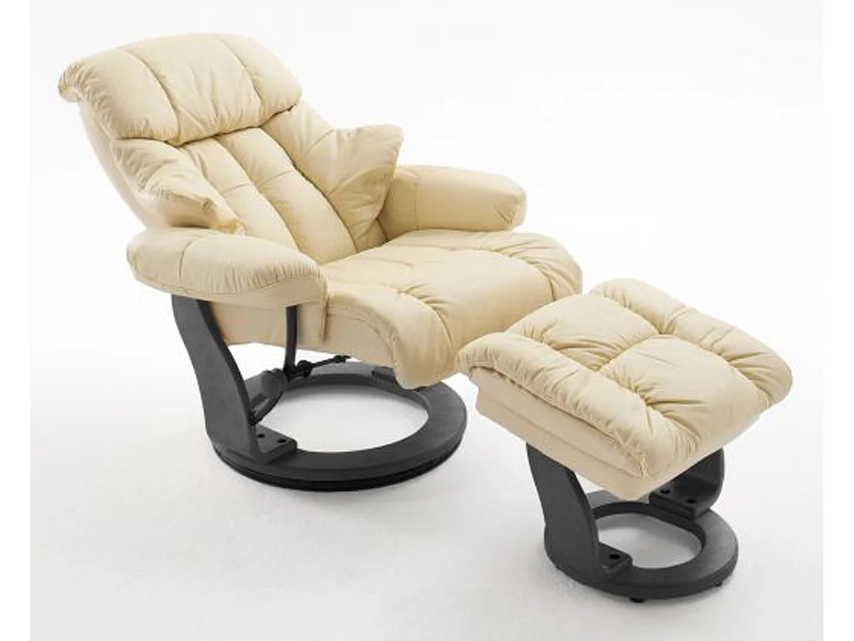 Fauteuil relax en cuir crème et noir avec tabouret - 90 x 104 x 91 cm