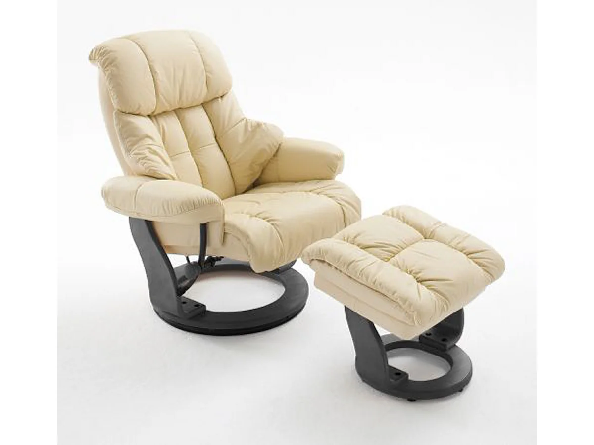 Fauteuil relax en cuir crème et noir avec tabouret - 90 x 104 x 91 cm