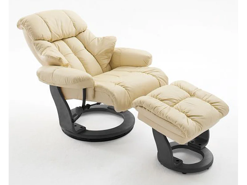 Fauteuil relax en cuir crème et noir avec tabouret - 90 x 104 x 91 cm
