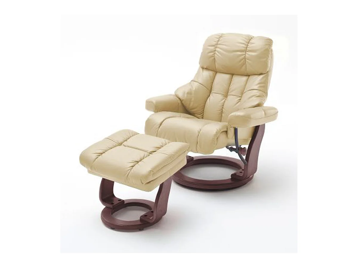 Fauteuil relax en cuir coloris crème / noyer - 97 x 110 x 92 cm