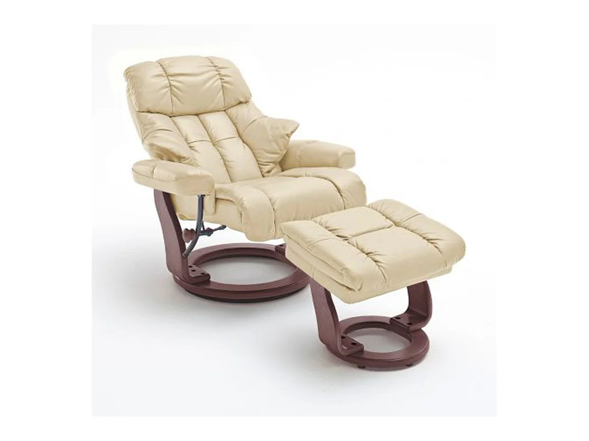 Fauteuil relax en cuir coloris crème / noyer - 97 x 110 x 92 cm