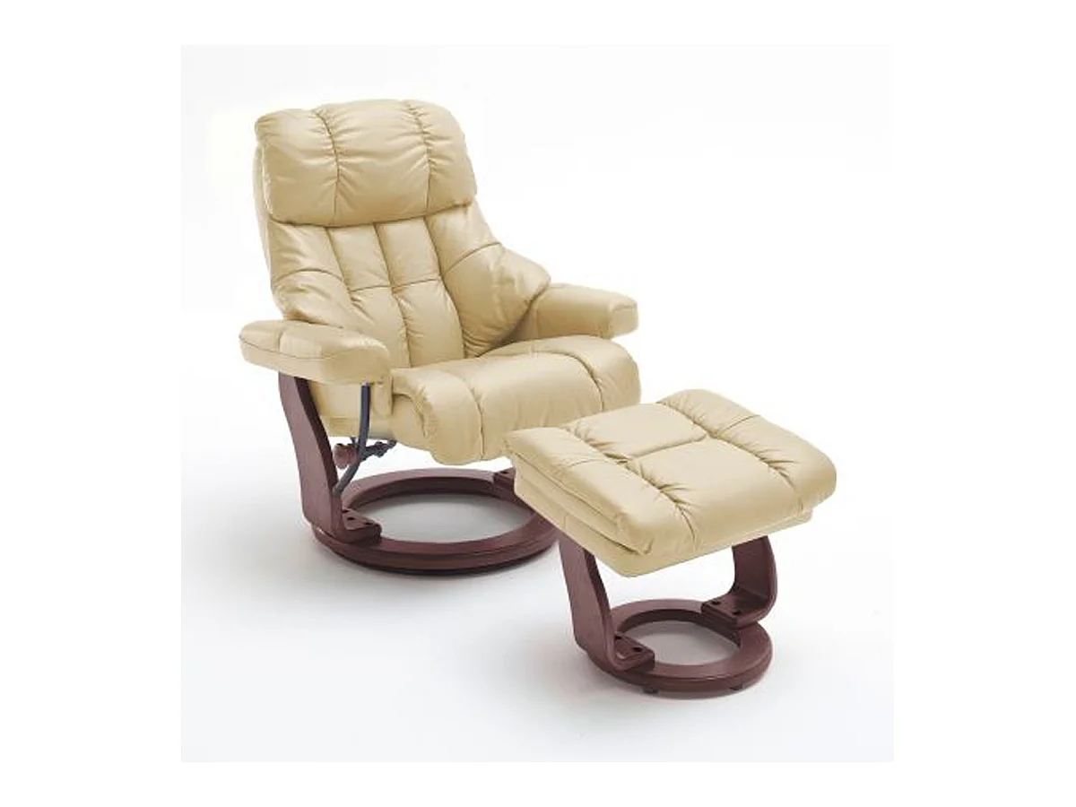 Fauteuil relax en cuir coloris crème / noyer - 97 x 110 x 92 cm