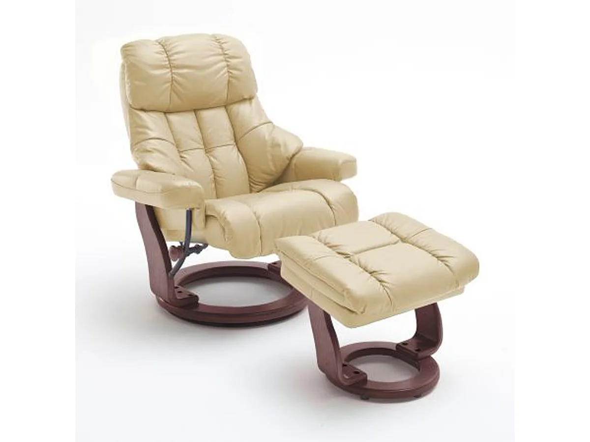 Fauteuil relax en cuir coloris crème / noyer - 97 x 110 x 92 cm