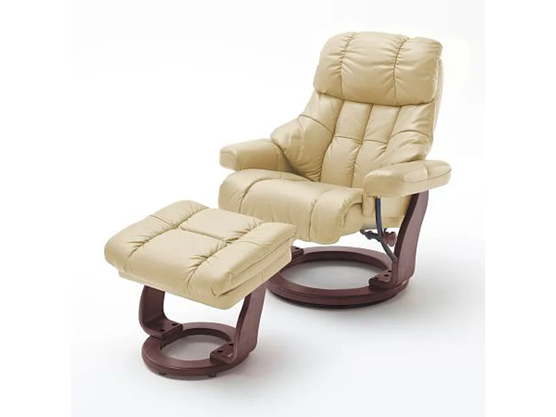 Fauteuil relax en cuir coloris crème / noyer - 97 x 110 x 92 cm