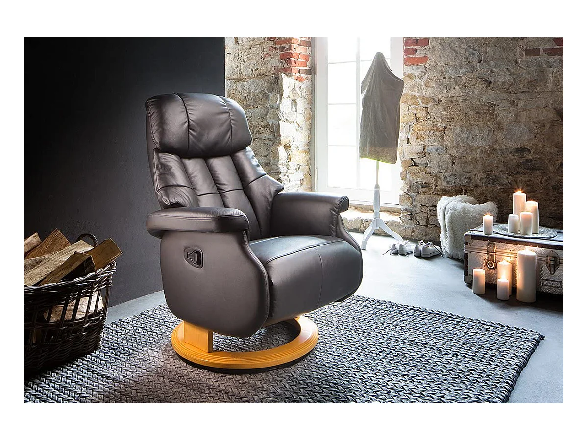 Fauteuil relax / fauteuil rotatif en cuir coloris marron - L.77 x H.111 x P.86 cm