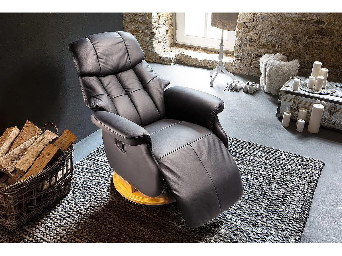 Fauteuil relax / fauteuil rotatif en cuir coloris marron - L.77 x H.111 x P.86 cm