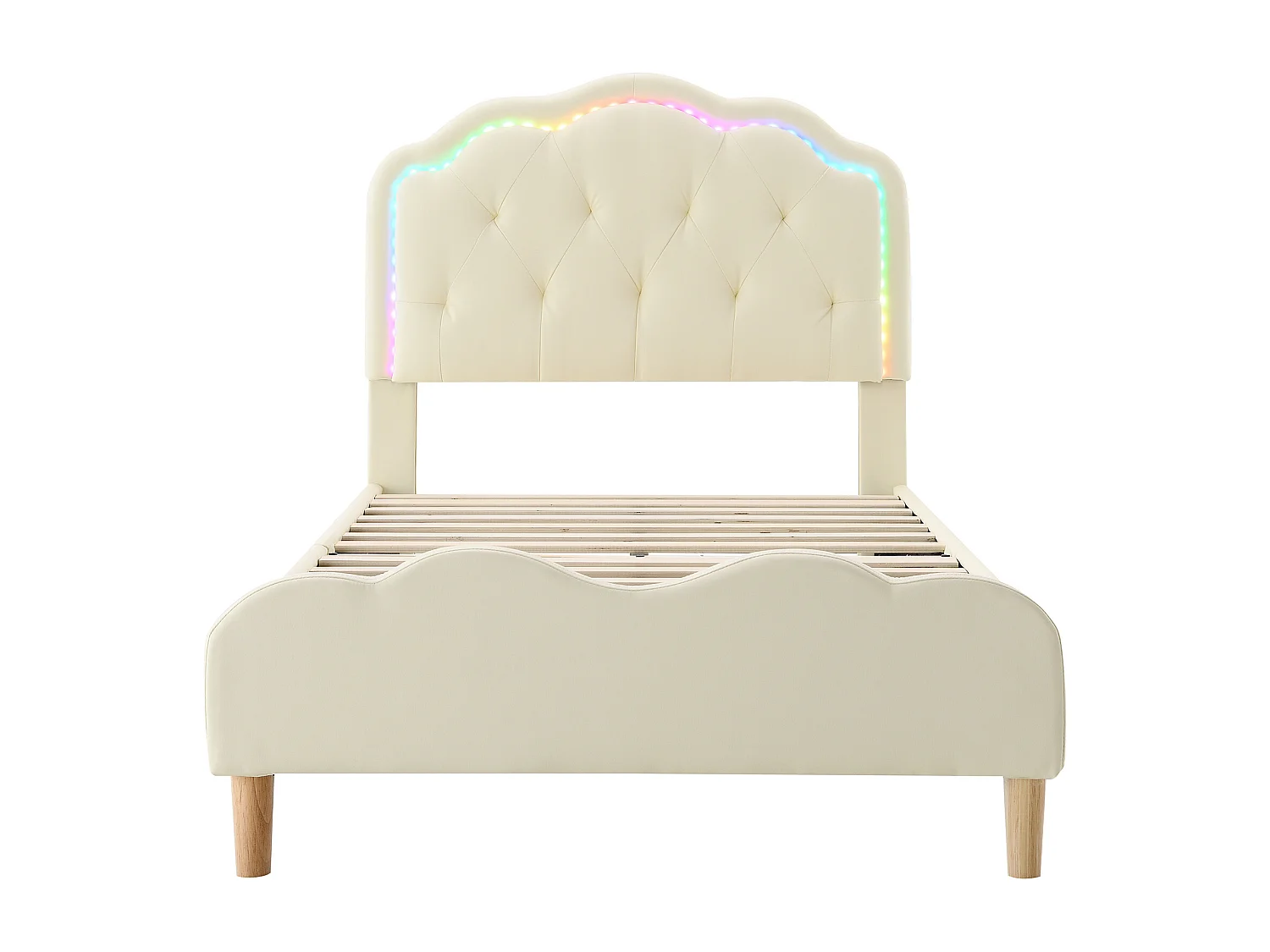 Kinderbed 90x200 cm - Eenpersoonsbed met led-lichtstrip - houten lattenbodem - wit PU