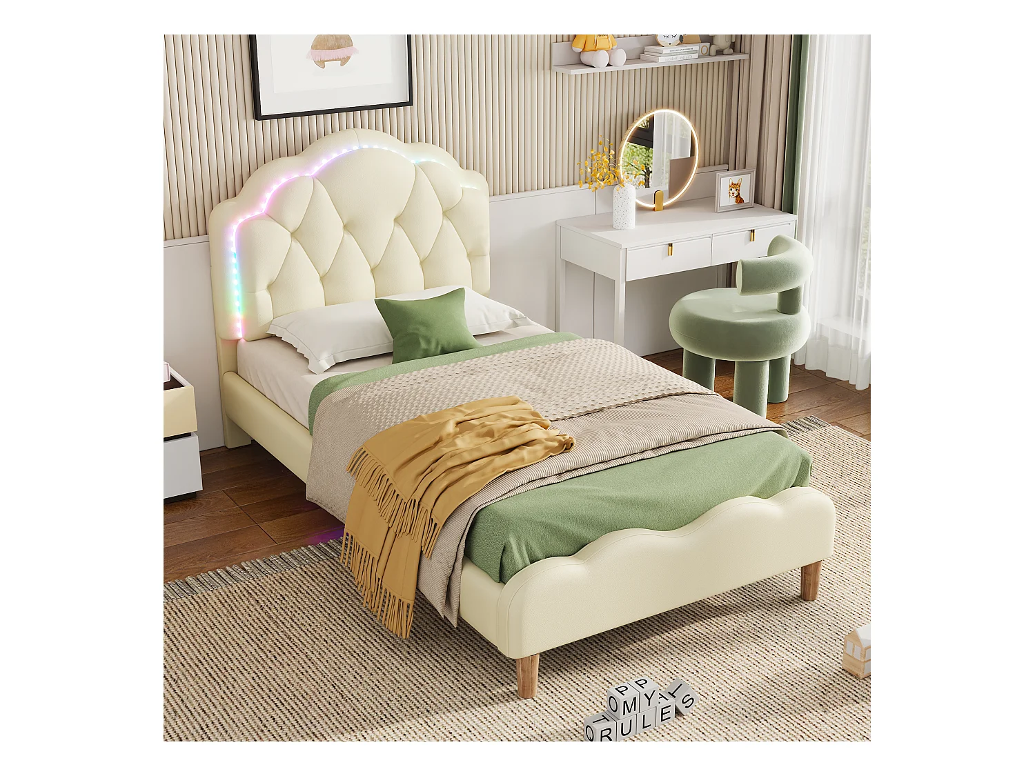 Lit enfant 90x200 cm - Lit simple avec bande lumineuse LED - sommier à lattes en bois - PU blanc