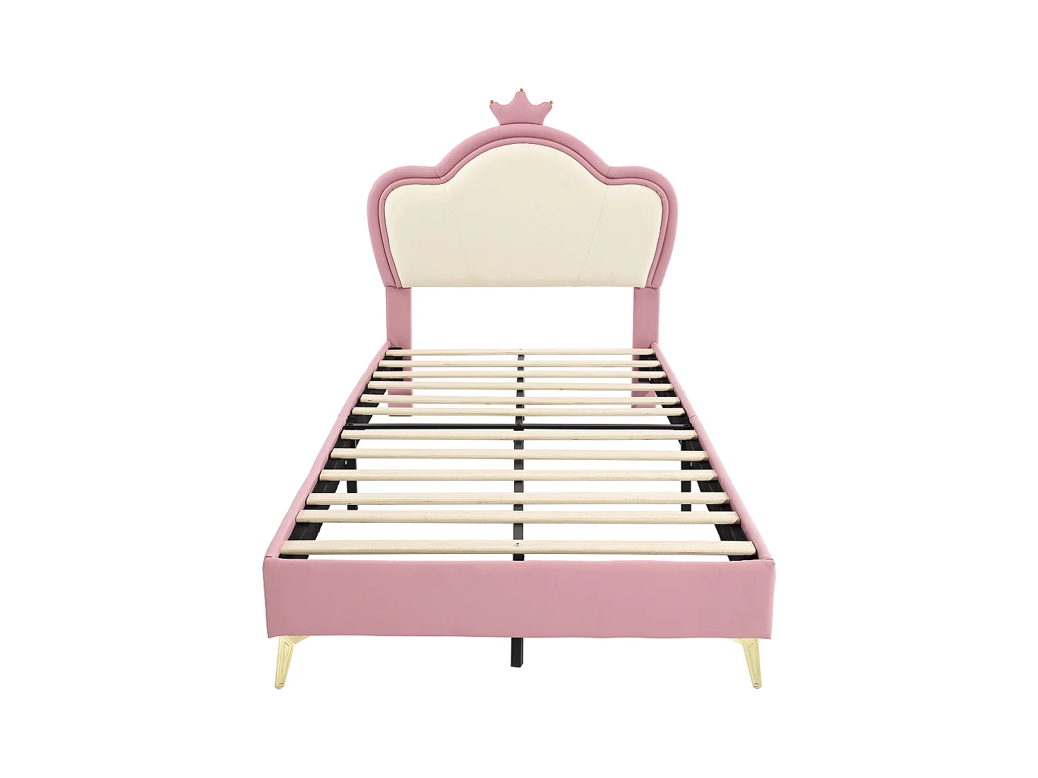 Kinderbed 90x200 cm - Eenpersoonsbed met kroonhoofdeinde - gouden poten - PU - roze en wit