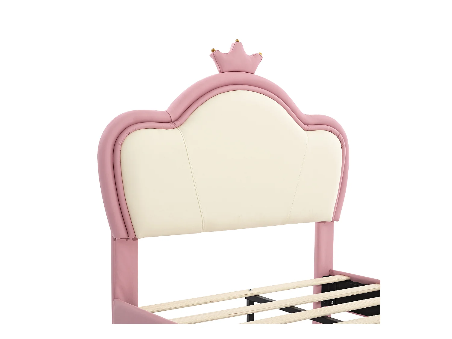 Kinderbed 90x200 cm - Eenpersoonsbed met kroonhoofdeinde - gouden poten - PU - roze en wit