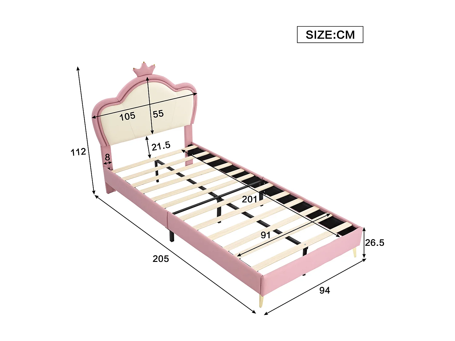 Kinderbed 90x200 cm - Eenpersoonsbed met kroonhoofdeinde - gouden poten - PU - roze en wit