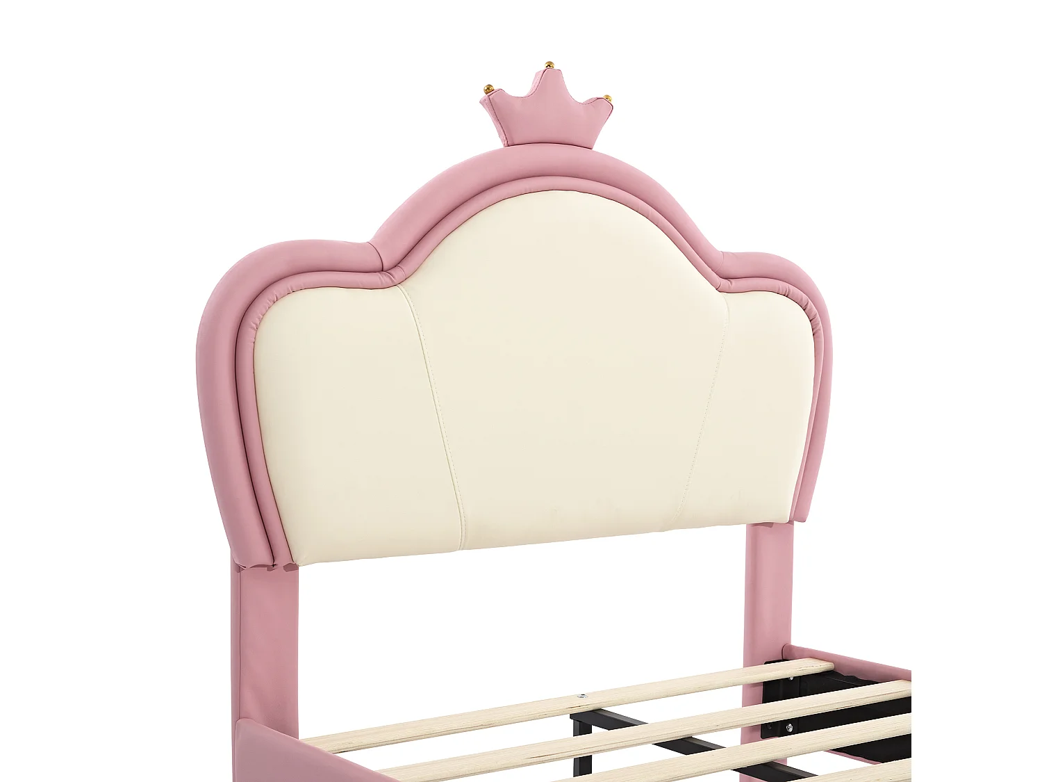Kinderbed 90x200 cm - Eenpersoonsbed met kroonhoofdeinde - gouden poten - PU - roze en wit