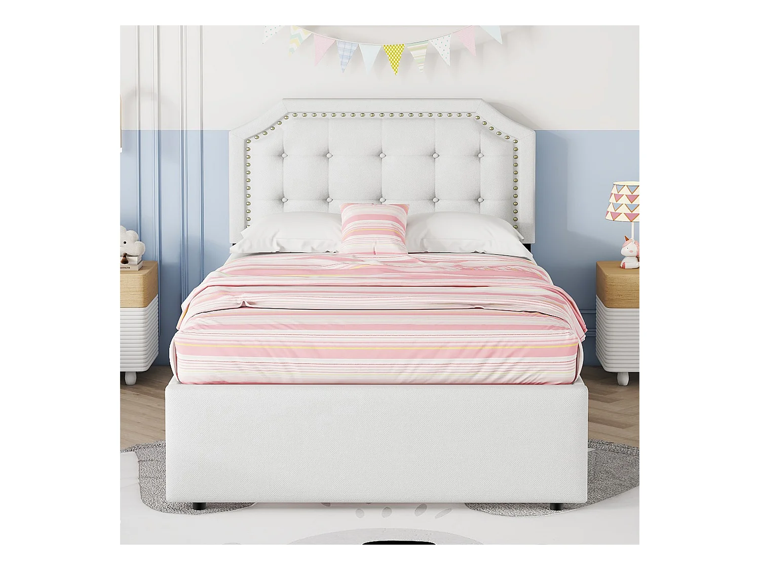 Lit adulte 90x200 cm - Lit simple avec 2 tiroirs et tête de lit tapissée - lin beige clair