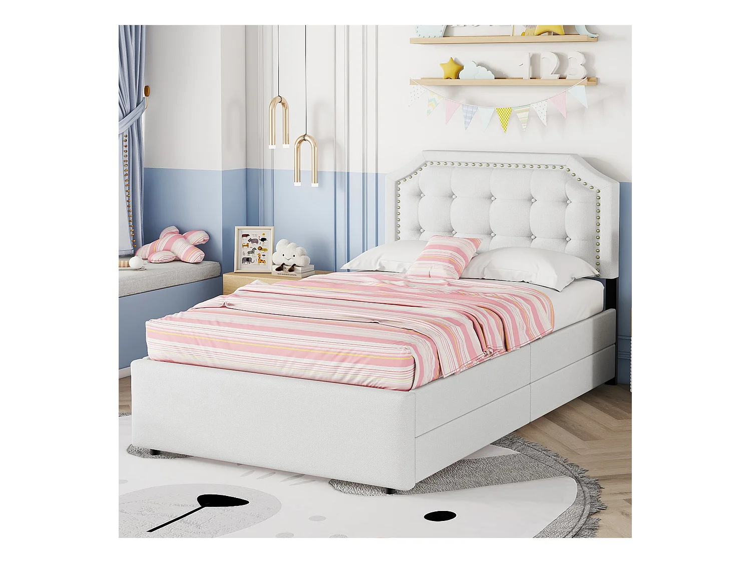 Lit adulte 90x200 cm - Lit simple avec 2 tiroirs et tête de lit tapissée - lin beige clair