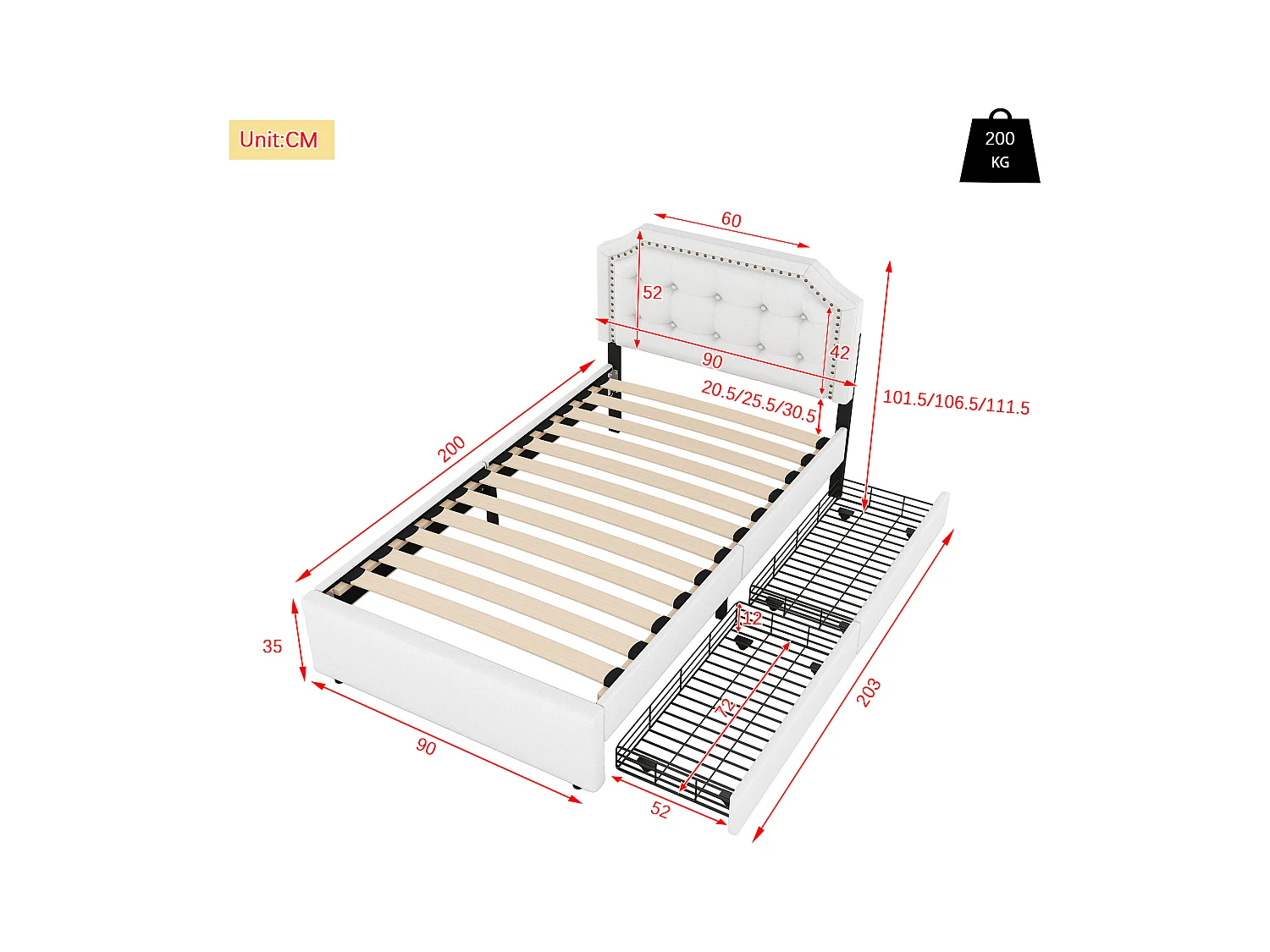 Lit adulte 90x200 cm - Lit simple avec 2 tiroirs et tête de lit tapissée - lin beige clair