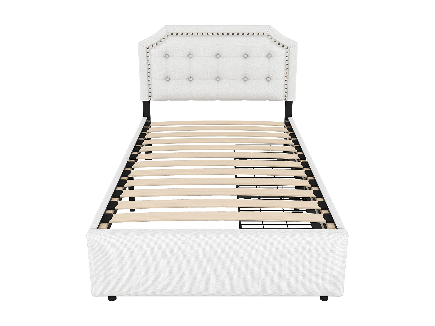 Lit adulte 90x200 cm - Lit simple avec 2 tiroirs et tête de lit tapissée - lin beige clair