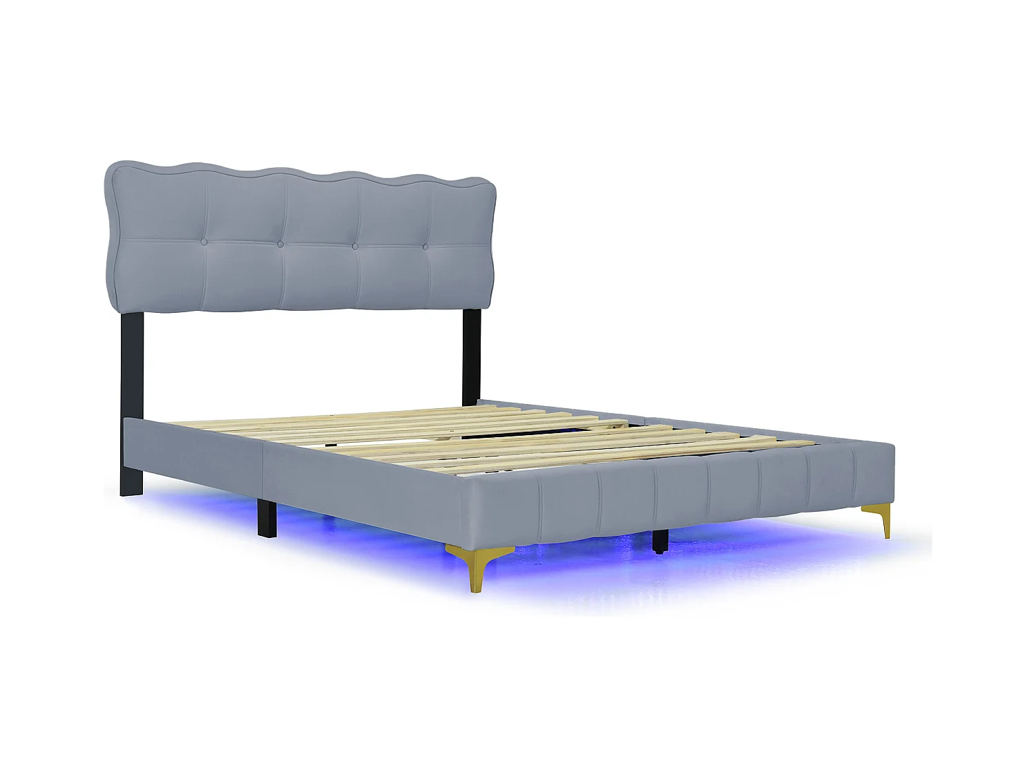 Lit adulte 140x200 cm -Lit double avec éclairage LED - pieds hauts en métal - velours gris