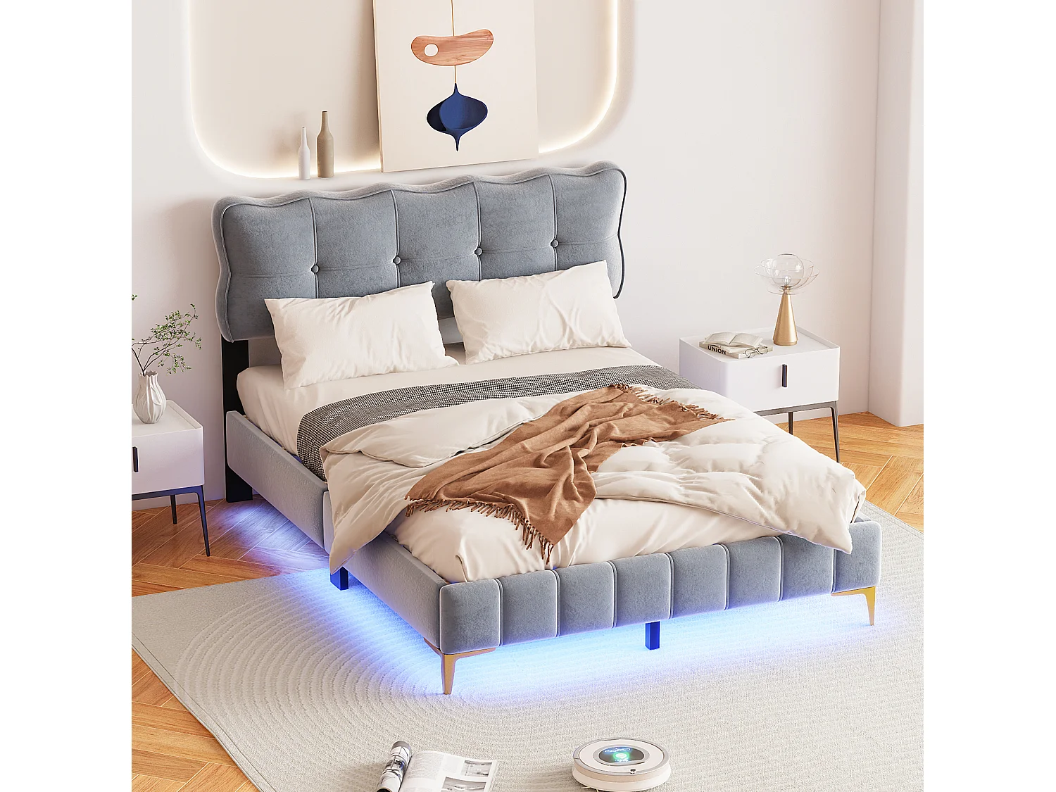 Letto imbottito 140x200 cm - Letto per adulti con illuminazione a LED - gambe alte in metallo - velluto grigio