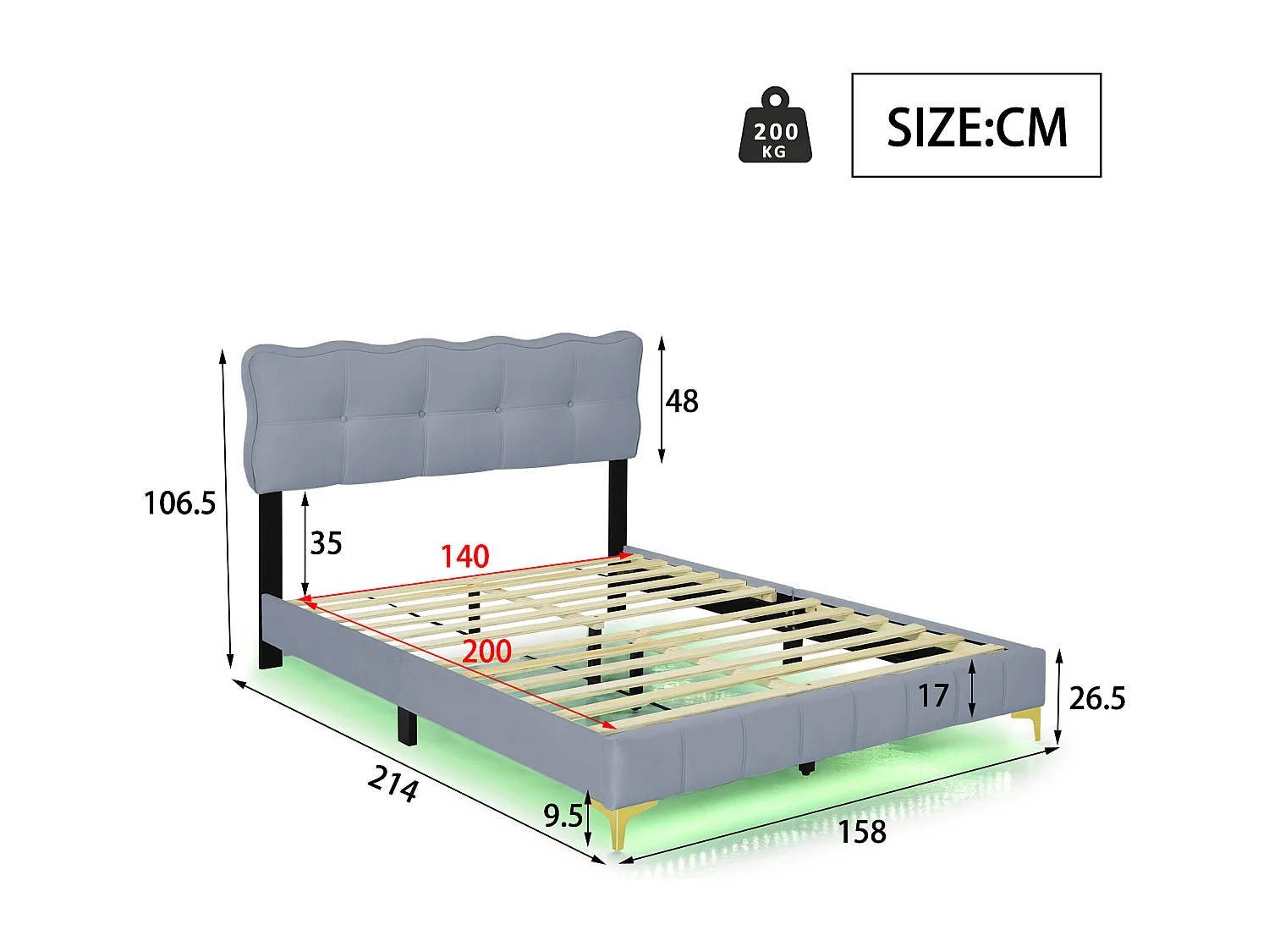Letto imbottito 140x200 cm - Letto per adulti con illuminazione a LED - gambe alte in metallo - velluto grigio