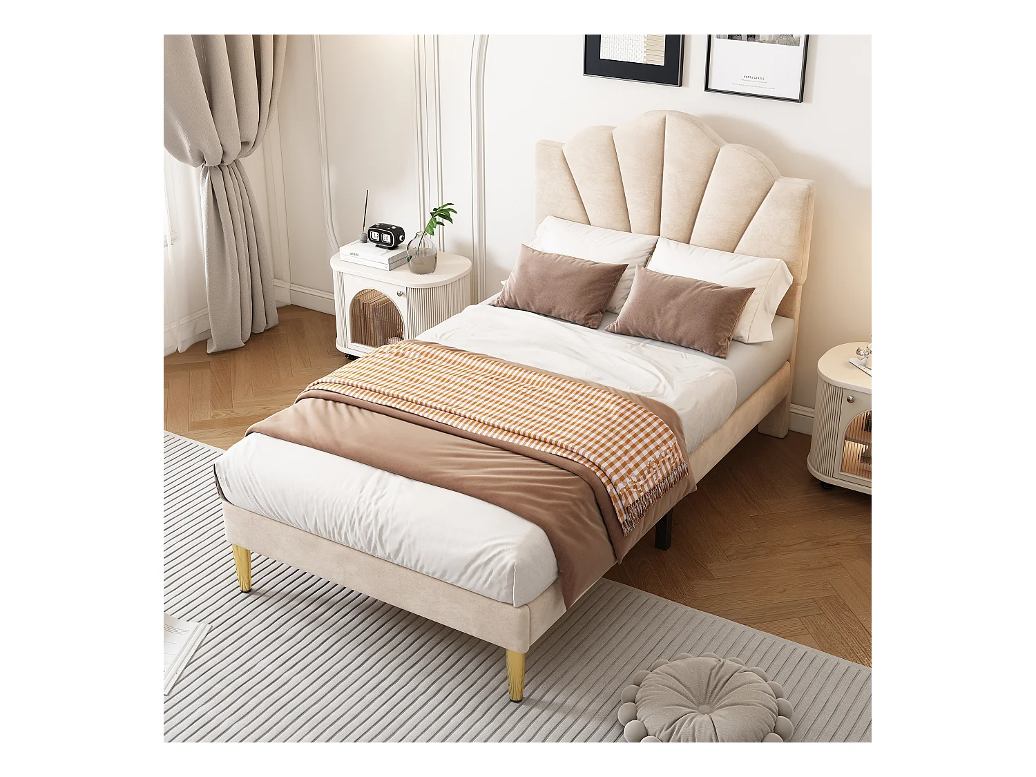 Lit adulte 90 x 200 cm - Lit double avec tête de lit réglable et sommier à lattes - velours beige