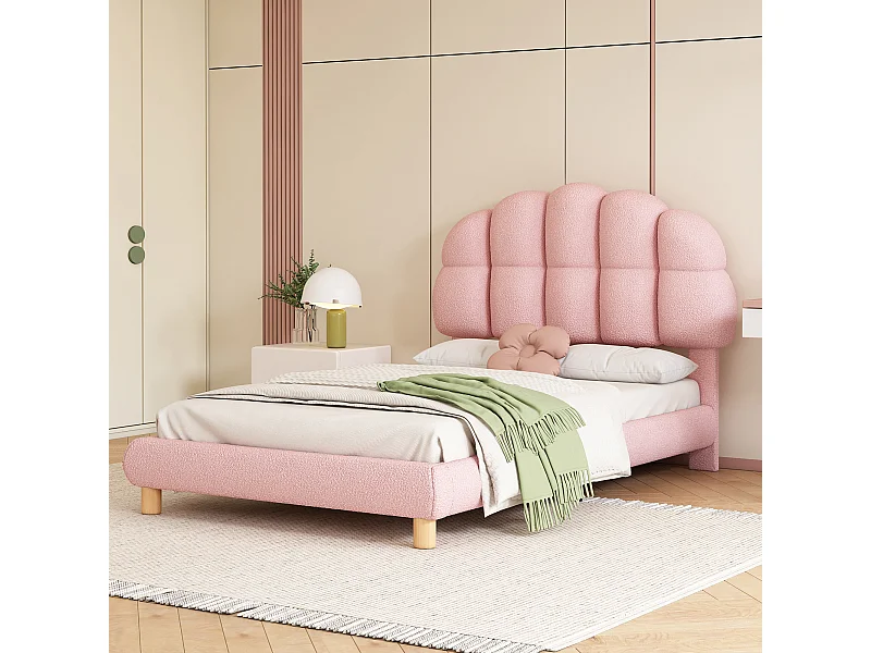 Cama tapizada 90x200 cm - Cama infantil con cabecero ajustable y somier de láminas - peluche rosa