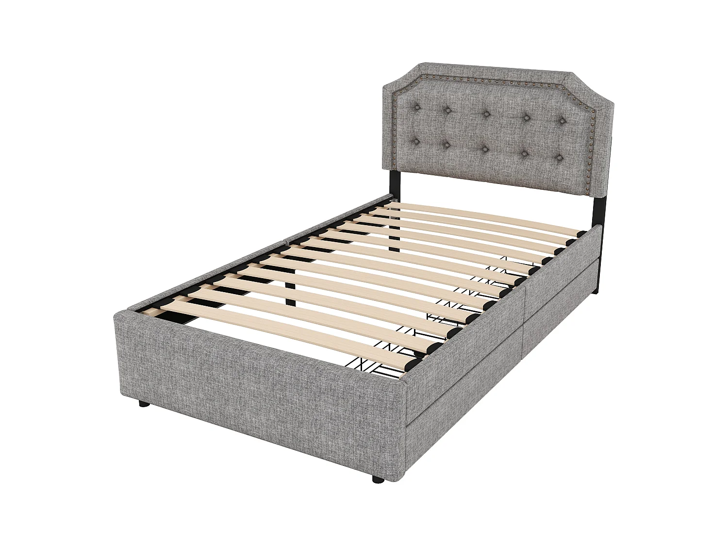 Lit adulte 90x200 cm - Lit simple avec 2 tiroirs et tête de lit tapissée - lin gris