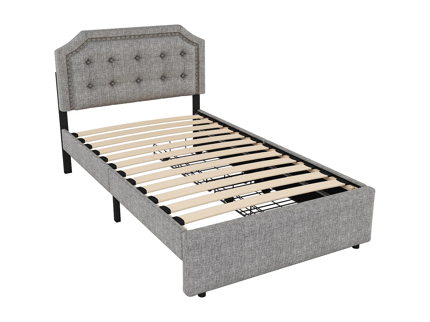 Letto imbottito 90x200 cm - Letto per adulti con 2 cassetti e testiera imbottita - lino grigio