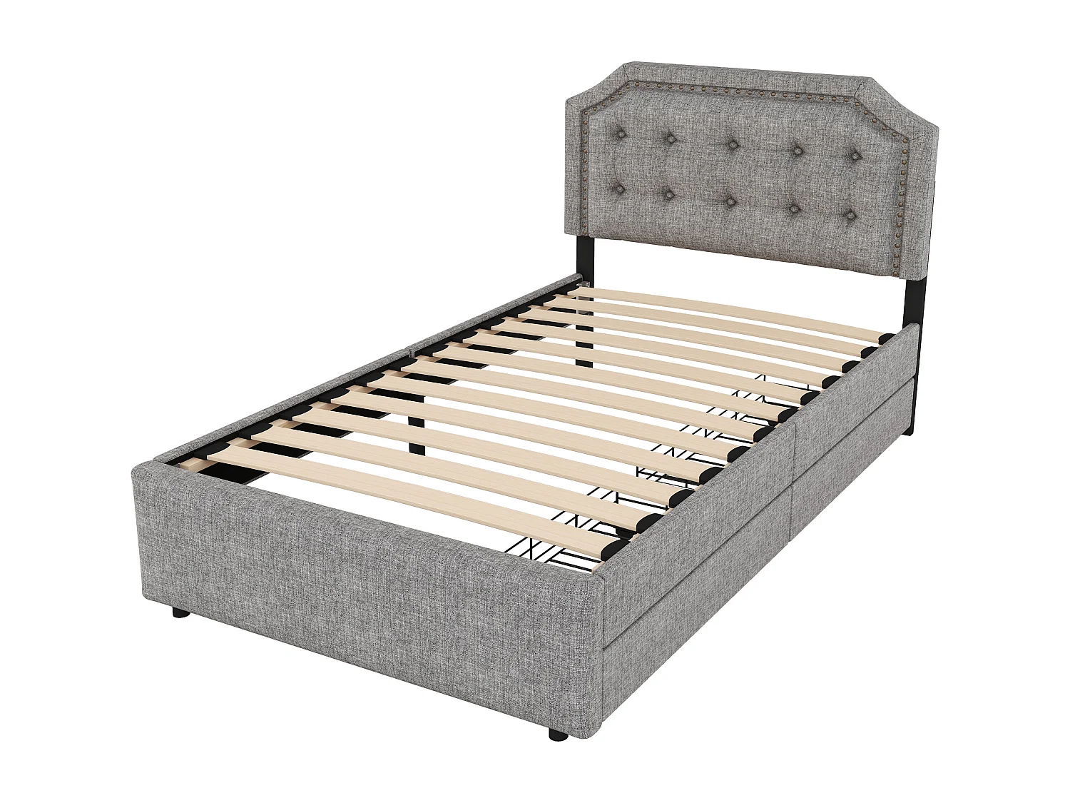 Letto imbottito 90x200 cm - Letto per adulti con 2 cassetti e testiera imbottita - lino grigio