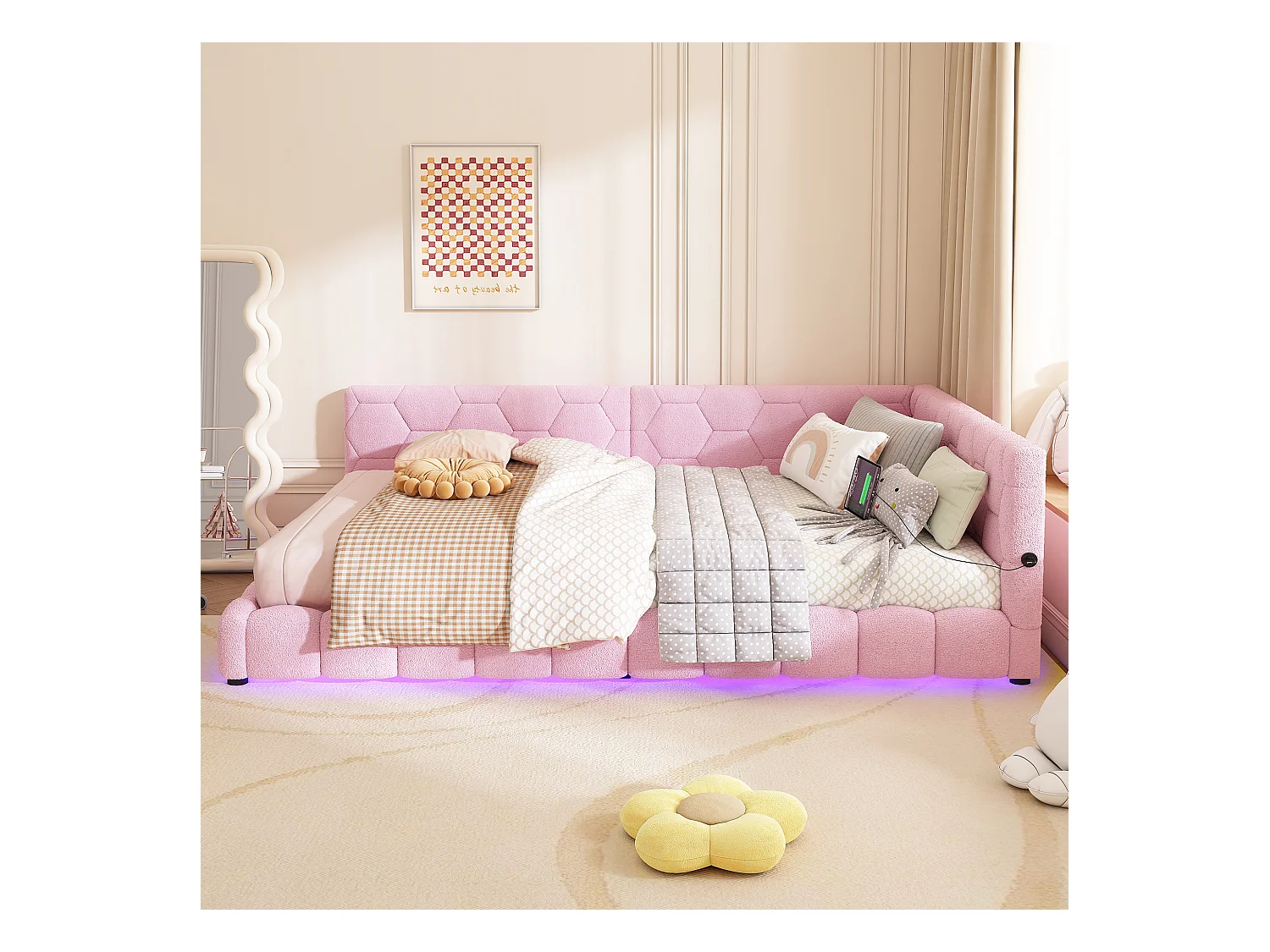 Lit adulte 140x200 cm - Lit double avec éclairage LED et recharge USB - sommier à lattes - peluche rose