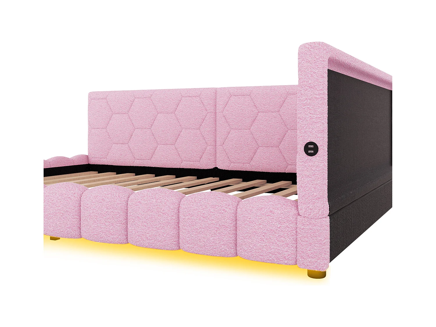 Lit adulte 140x200 cm - Lit double avec éclairage LED et recharge USB - sommier à lattes - peluche rose