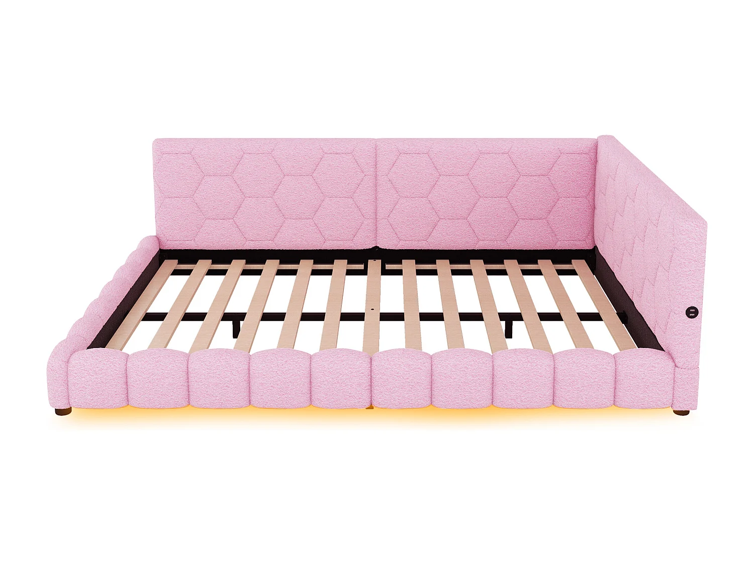 Lit adulte 140x200 cm - Lit double avec éclairage LED et recharge USB - sommier à lattes - peluche rose