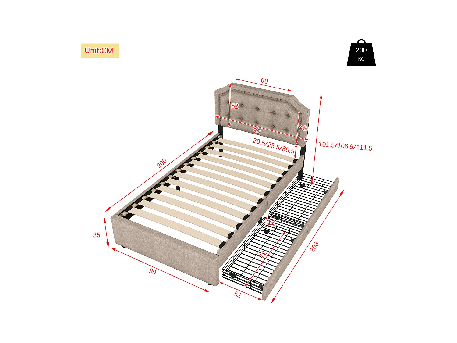 Lit adulte 90x200 cm - Lit simple avec 2 tiroirs et tête de lit tapissée - lin beige foncé