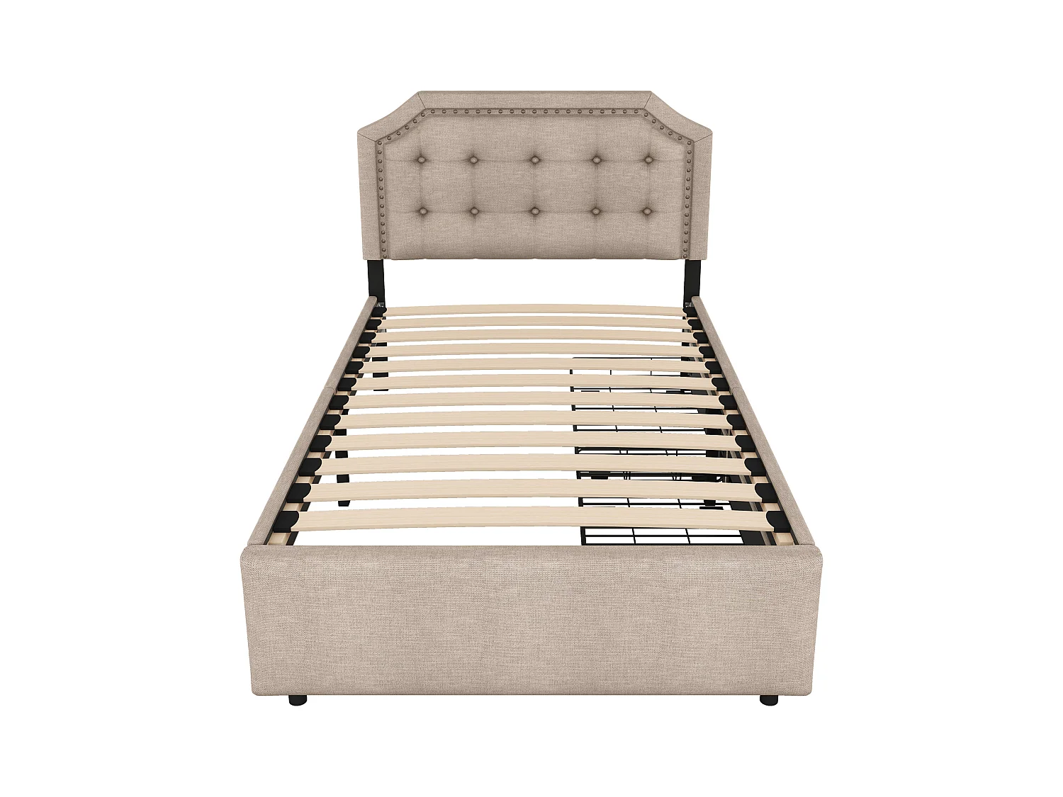 Lit adulte 90x200 cm - Lit simple avec 2 tiroirs et tête de lit tapissée - lin beige foncé