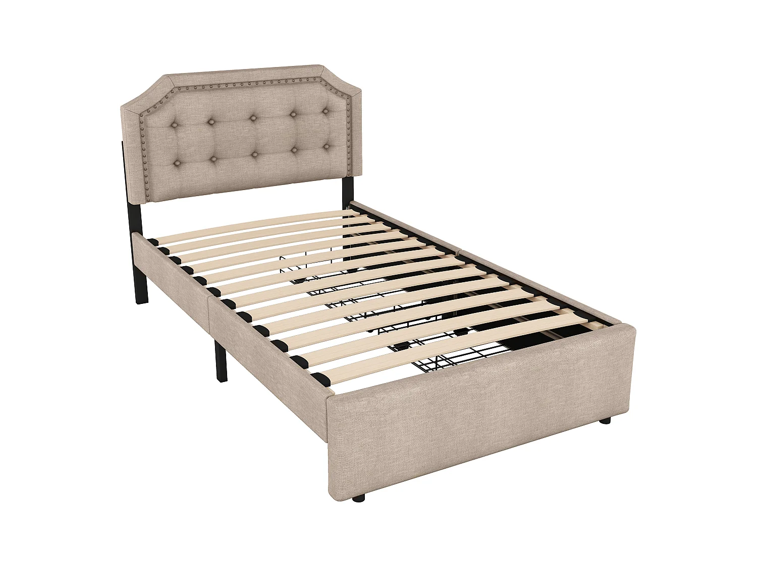 Lit adulte 90x200 cm - Lit simple avec 2 tiroirs et tête de lit tapissée - lin beige foncé