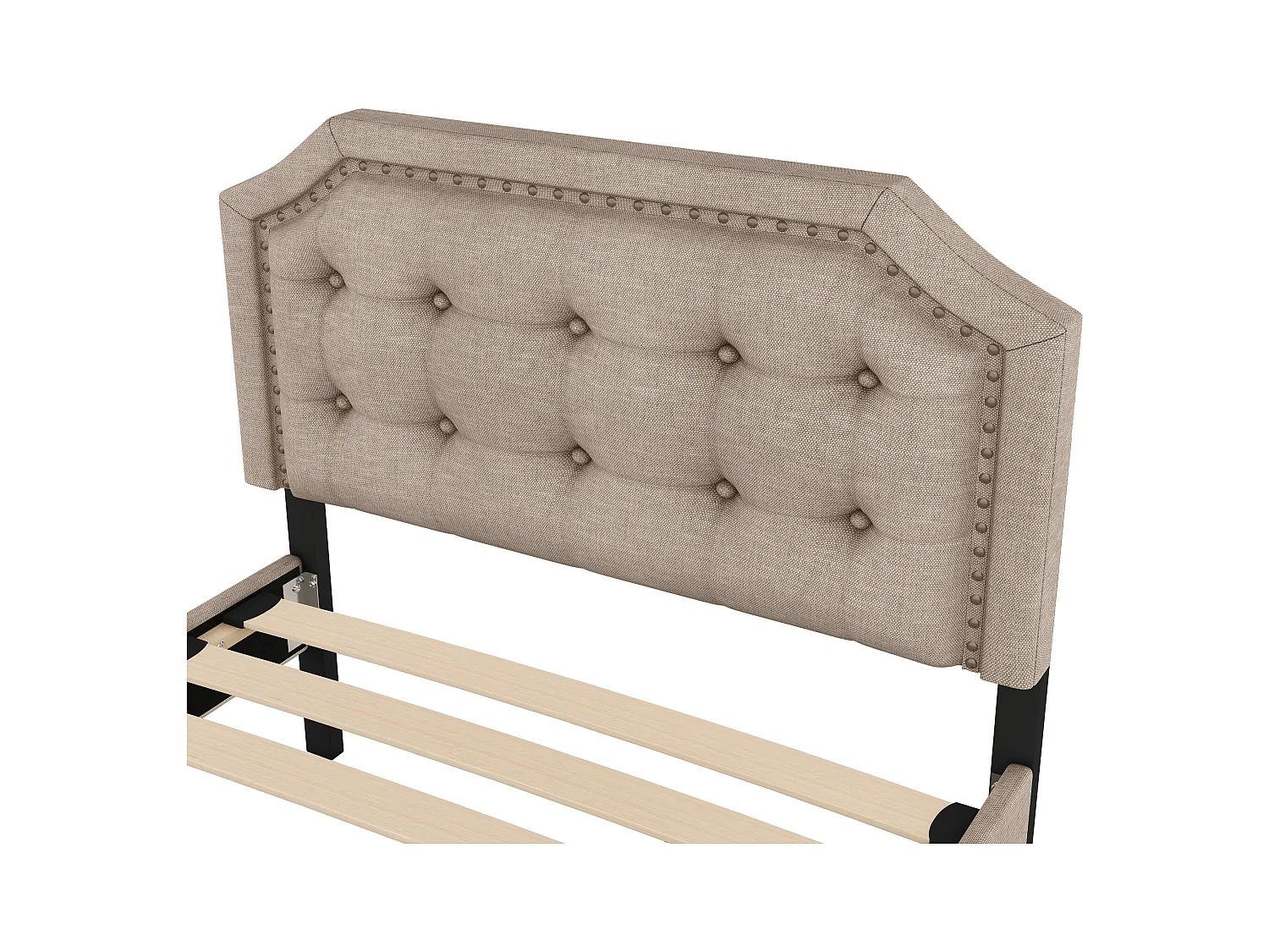 Lit adulte 90x200 cm - Lit simple avec 2 tiroirs et tête de lit tapissée - lin beige foncé