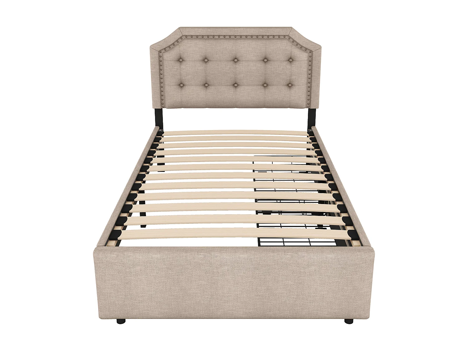 Cama tapizada 90x200 cm - Cama adulto con 2 cajones y cabecero tapizado - Lino beige oscuro