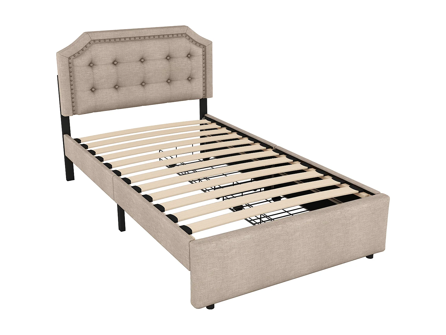 Cama tapizada 90x200 cm - Cama adulto con 2 cajones y cabecero tapizado - Lino beige oscuro