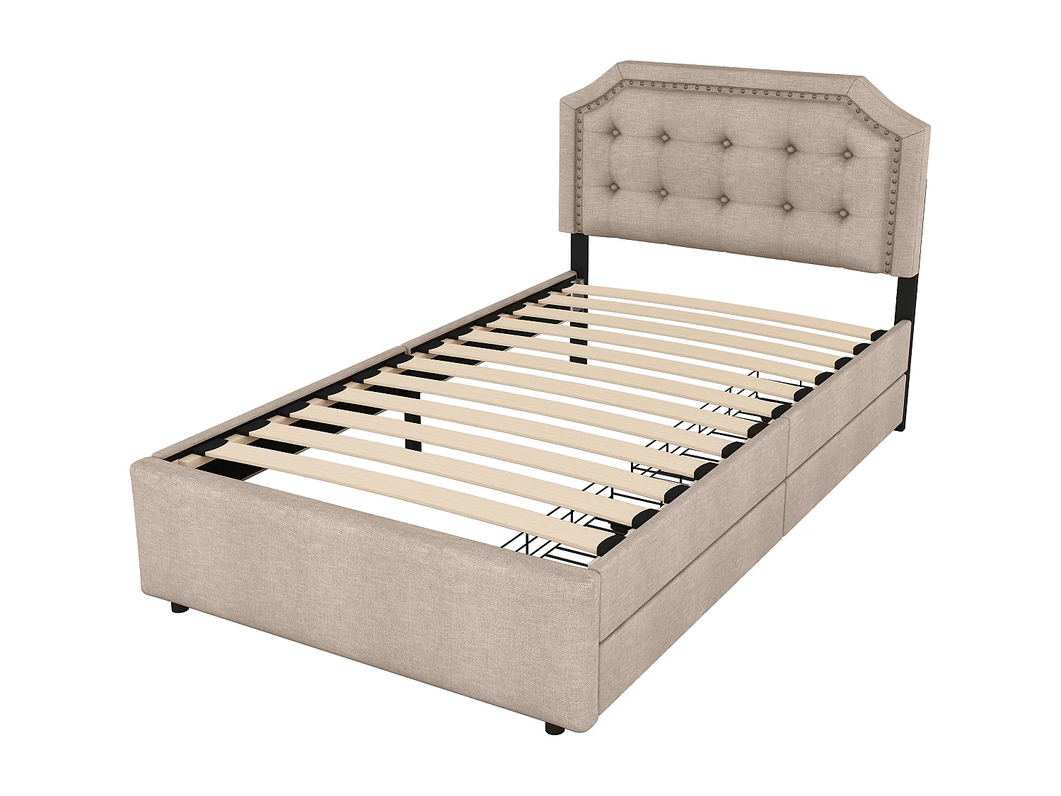 Cama tapizada 90x200 cm - Cama adulto con 2 cajones y cabecero tapizado - Lino beige oscuro