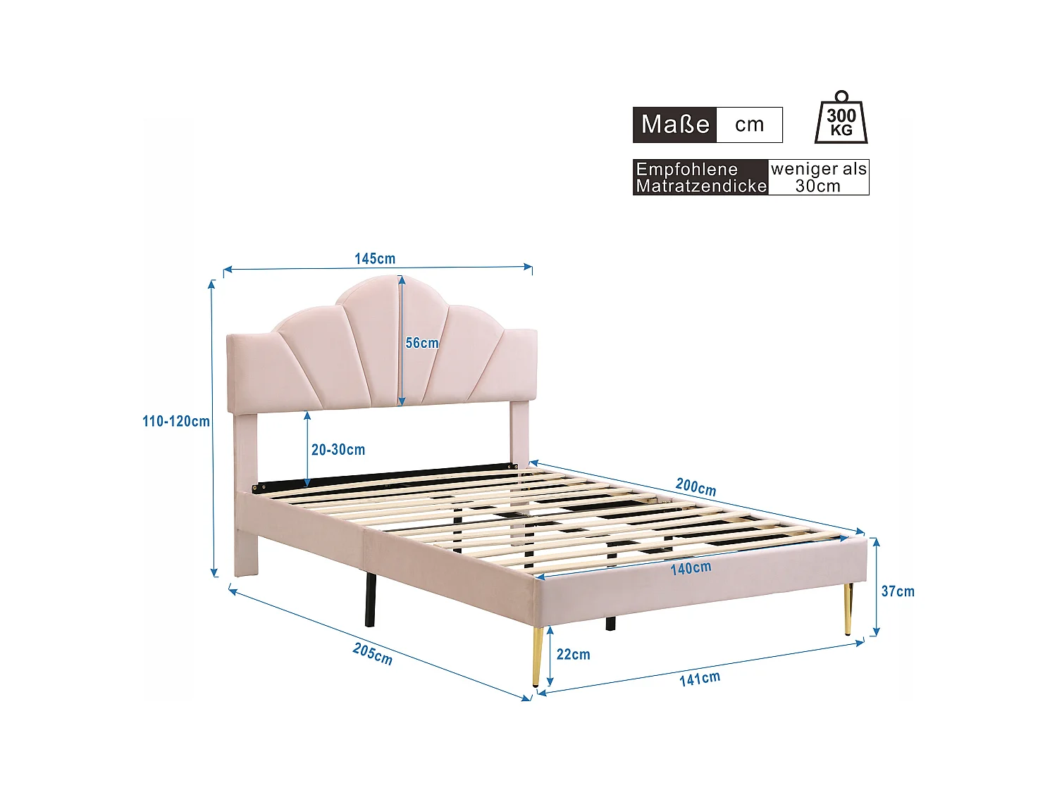 Lit adulte 140x200 cm - Lit double avec tête de lit réglable et sommier à lattes - velours rose