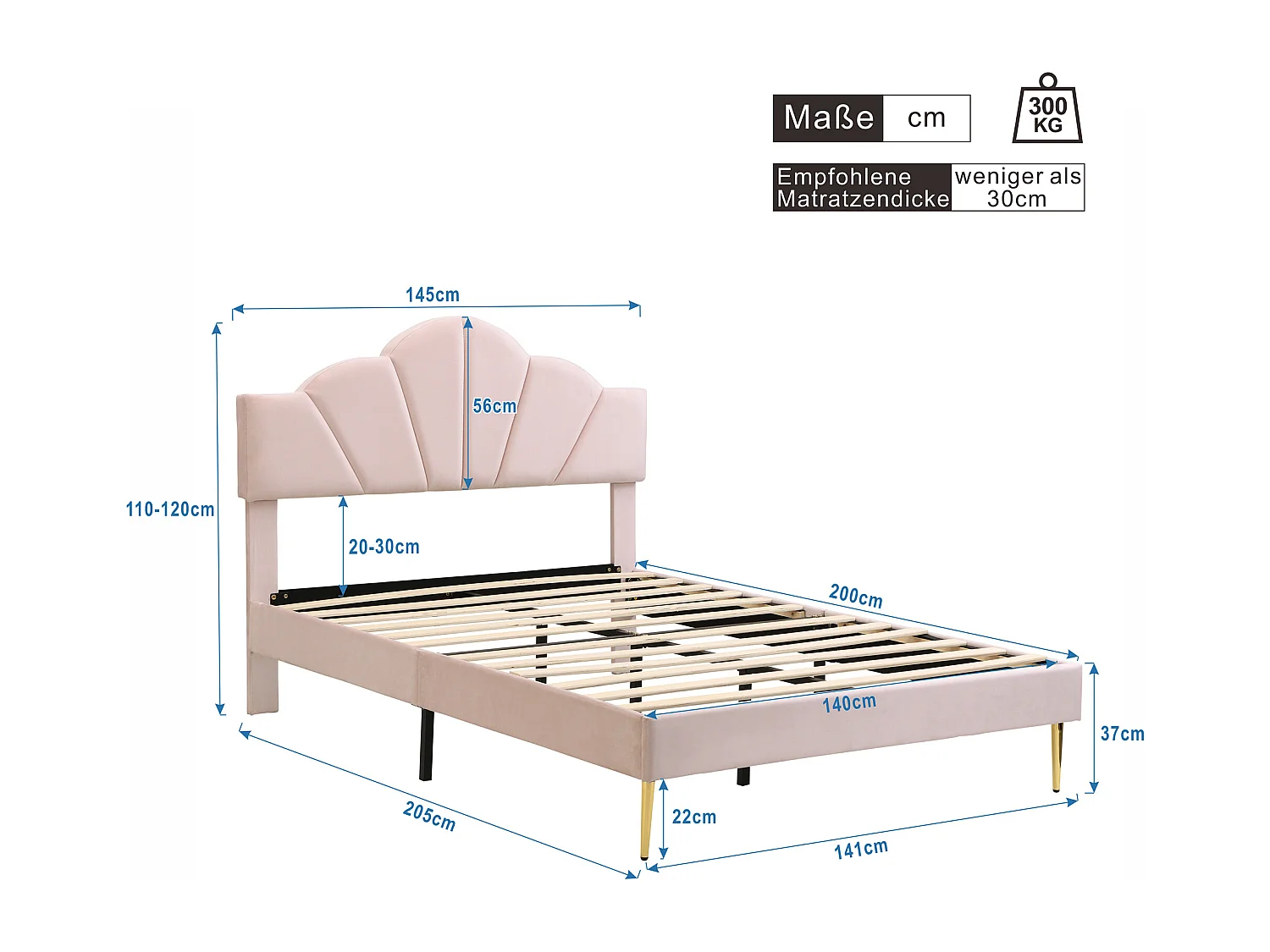 Lit adulte 140x200 cm - Lit double avec tête de lit réglable et sommier à lattes - velours rose