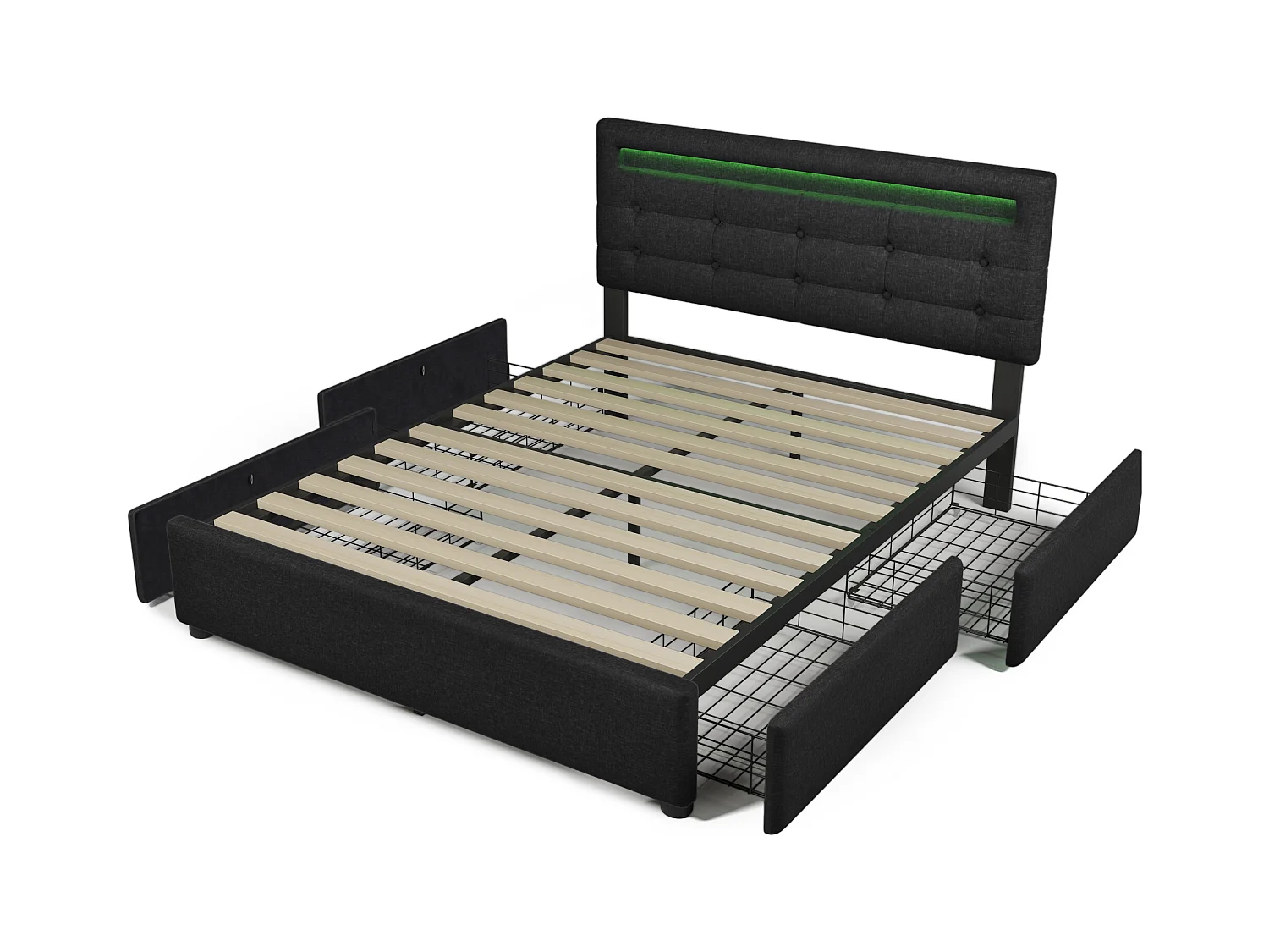 Lit adulte 140x200 cm - Lit double avec 4 tiroirs et tête de lit réglable - éclairage LED - lin noir